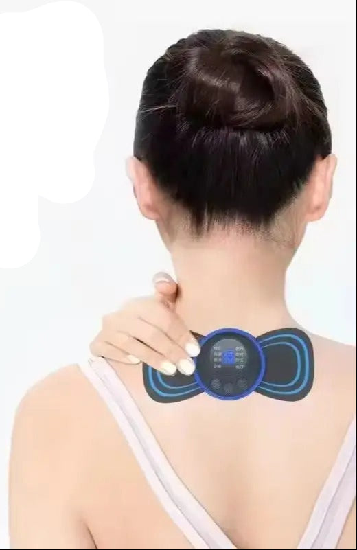 Person using a handheld massager on their back with text about its benefits.